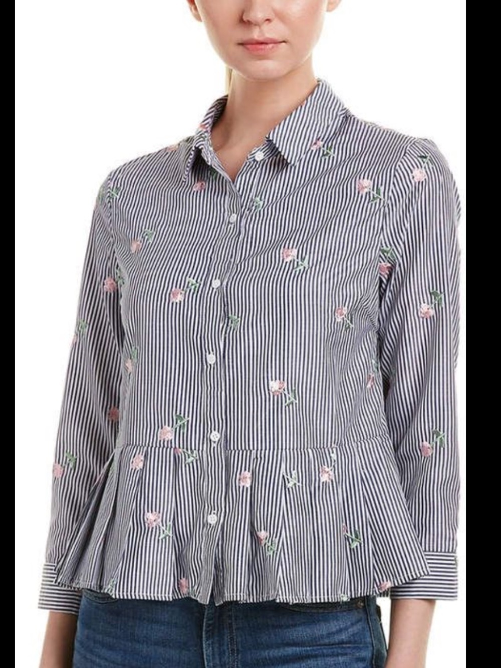 English Factory Blue & White Striped Button-Down Top with Pink Floral Embroidery
